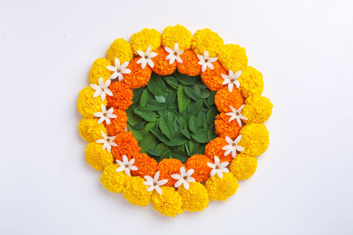 Illustration of devotees receiving fresh flowers
